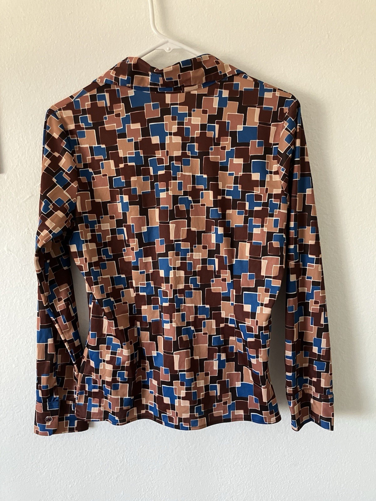 Vintage 70s Womens Geometric Print Blouse Pointed Collar Fitted Retro Mod