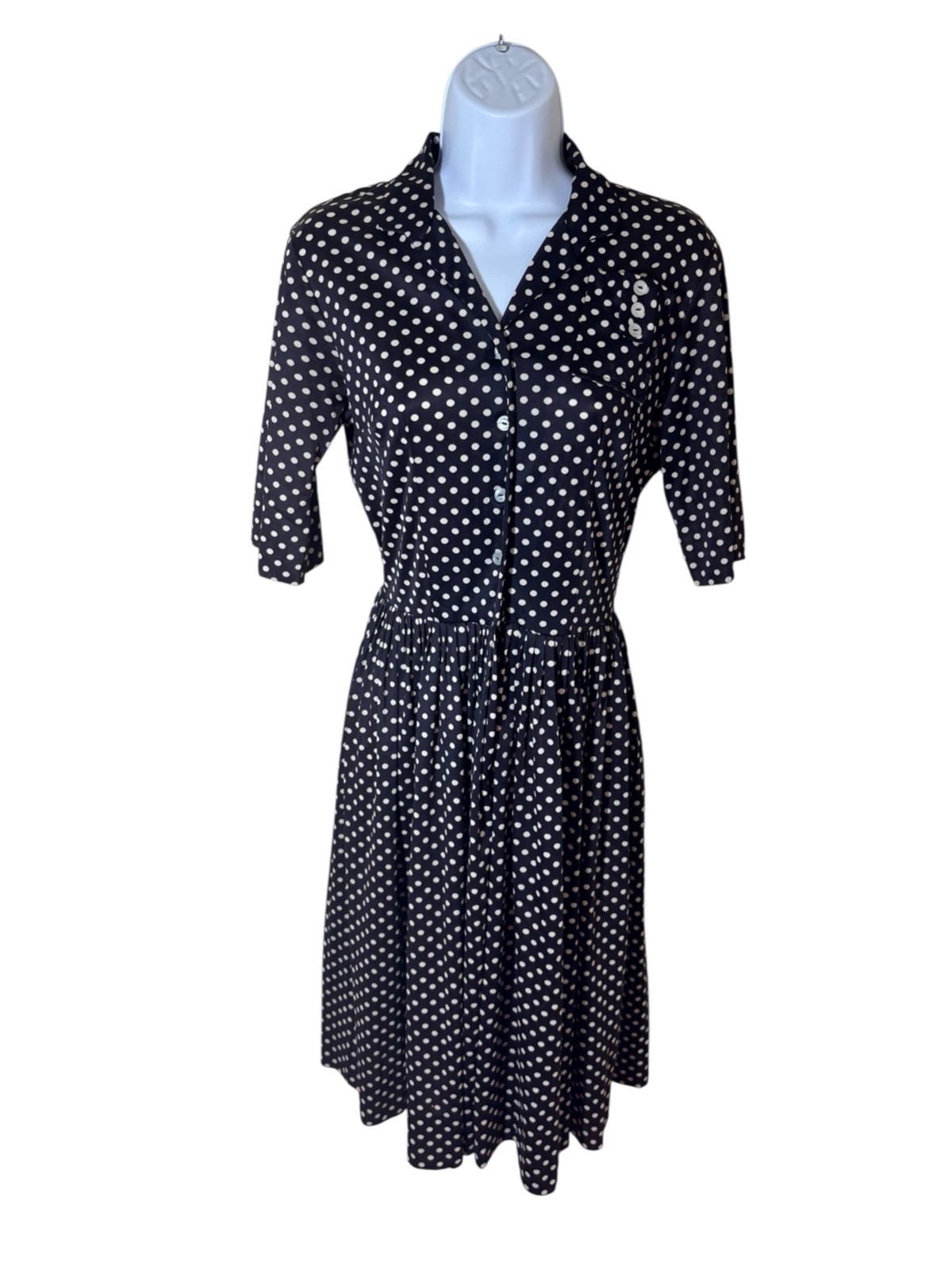 Vtg 50s Shirt Dress S Polka Dot Fit Flare Pinup Retro Rockabilly Button Pocket