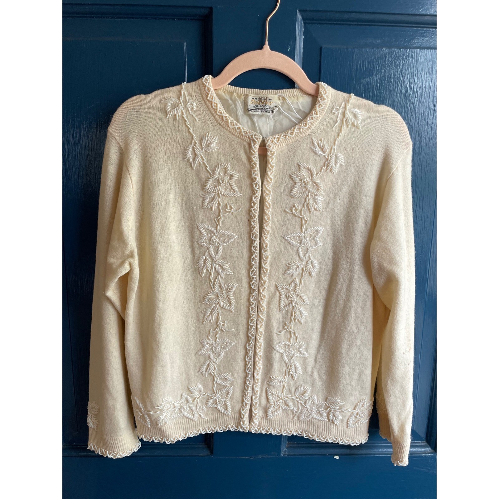 Vintage Hand Beaded Wool Angora Cardigan Sweater Ivory Floral Hong Kong