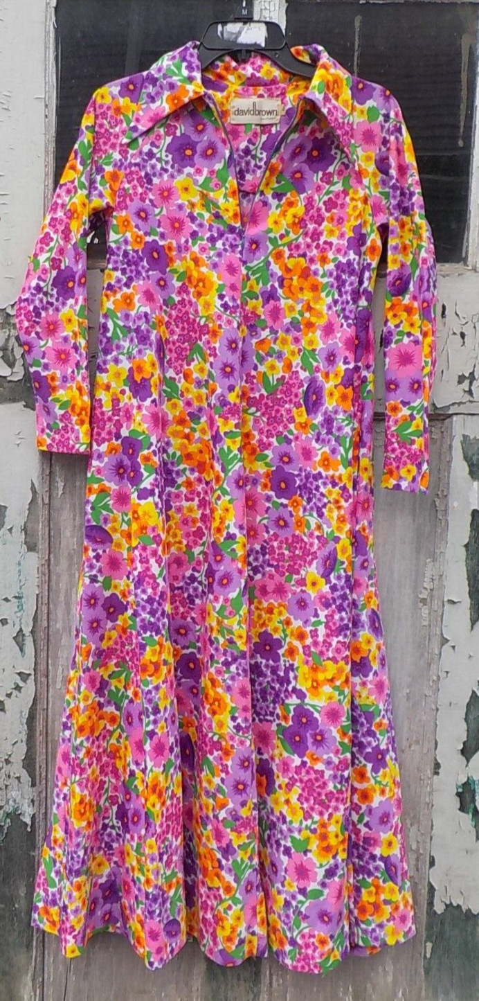 Vintage David Brown California Caftan House Lounge Maxi Dress COLORFUL FLOWERS p