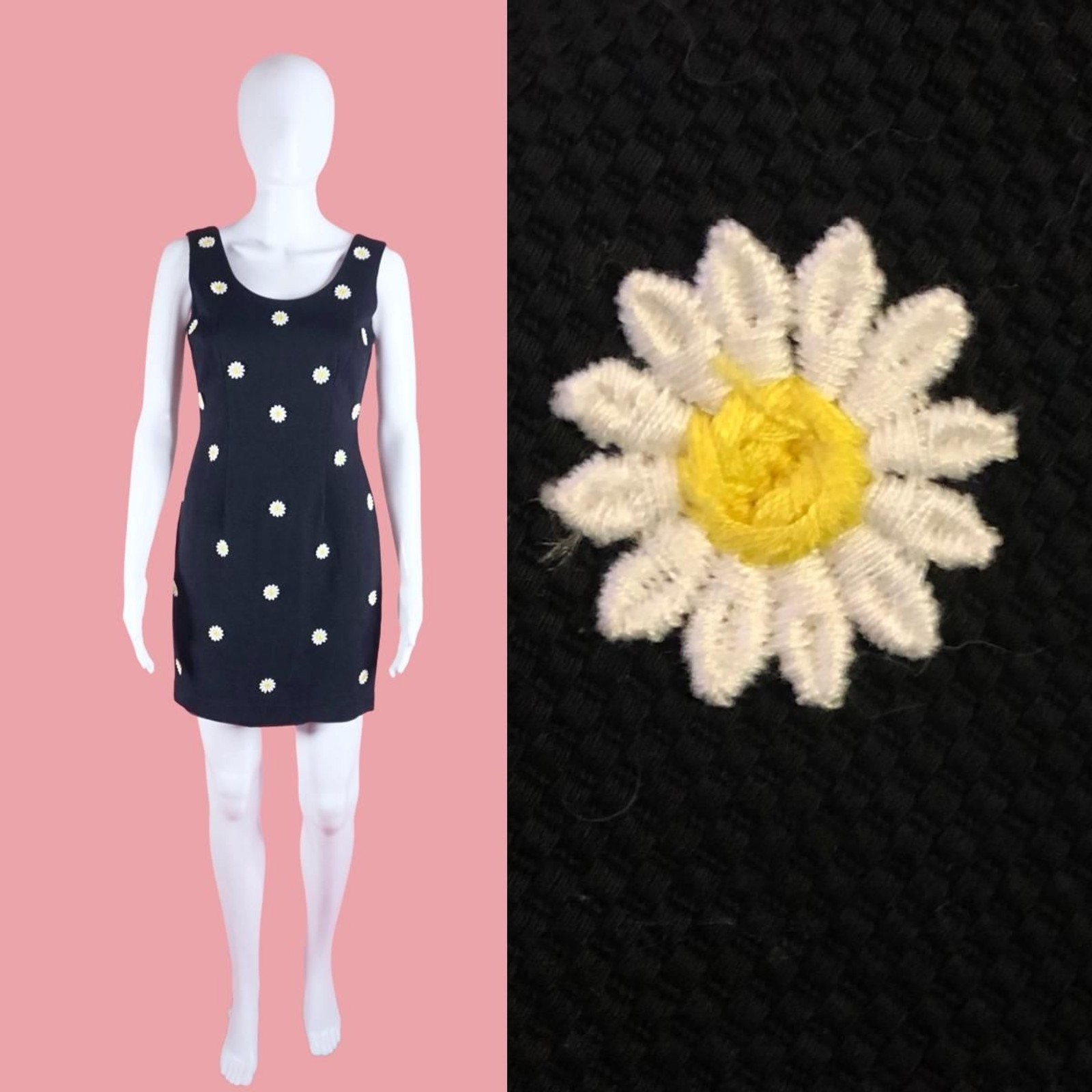 1990s-Y2K LAUNDRY by SHELLI SEGAL Waffle Knit Floral Daisy Appliqué Dress. XS-S