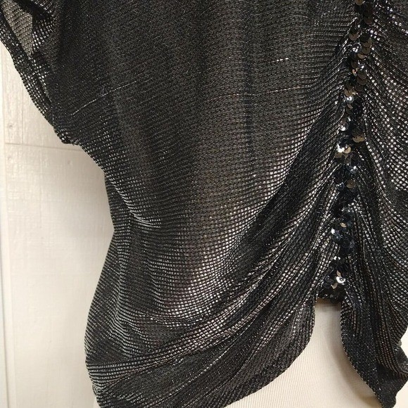 Vintage Disco Glam Sequin Ruched V-Neck Metallic Blouse Black Silver Sz Small