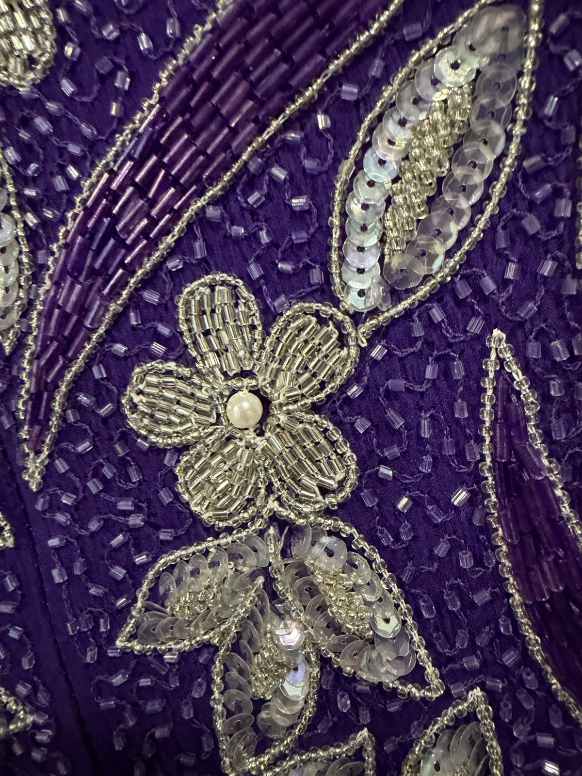 80S Vintage Sequin Imports 100% Silk Purple And Silver Beaded Ball Gown. READ