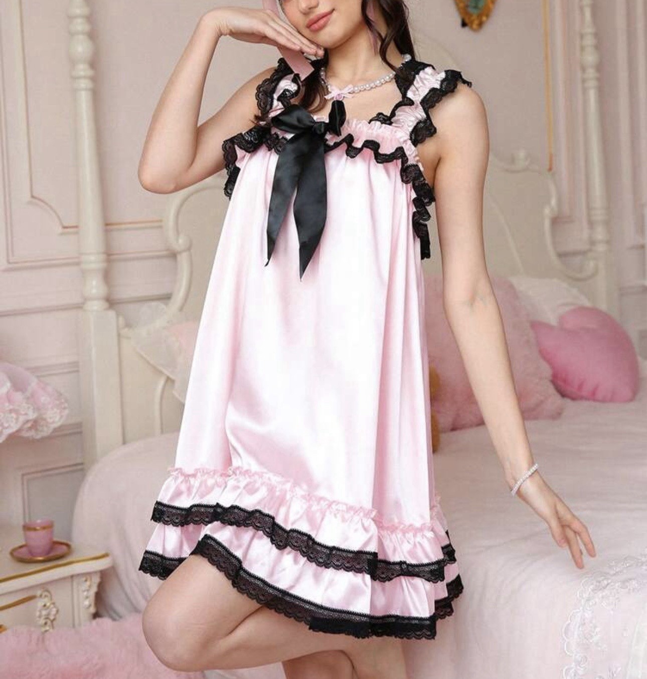 Glossy Ruffle 2nd Skin Satin Babydoll Cami Nightdress Dress Nightgown L NEW
