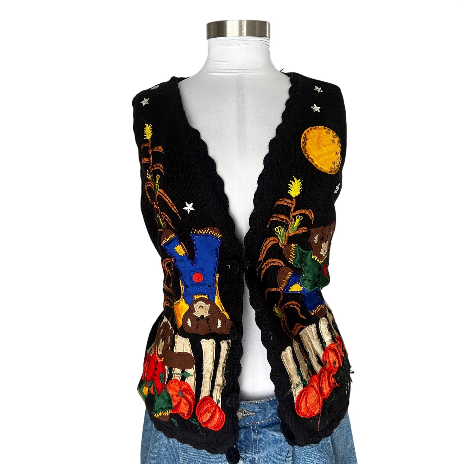 Vintage Halloween Knit Vest Medium Black Harvest Bear Pumpkin Patchwork Buttons