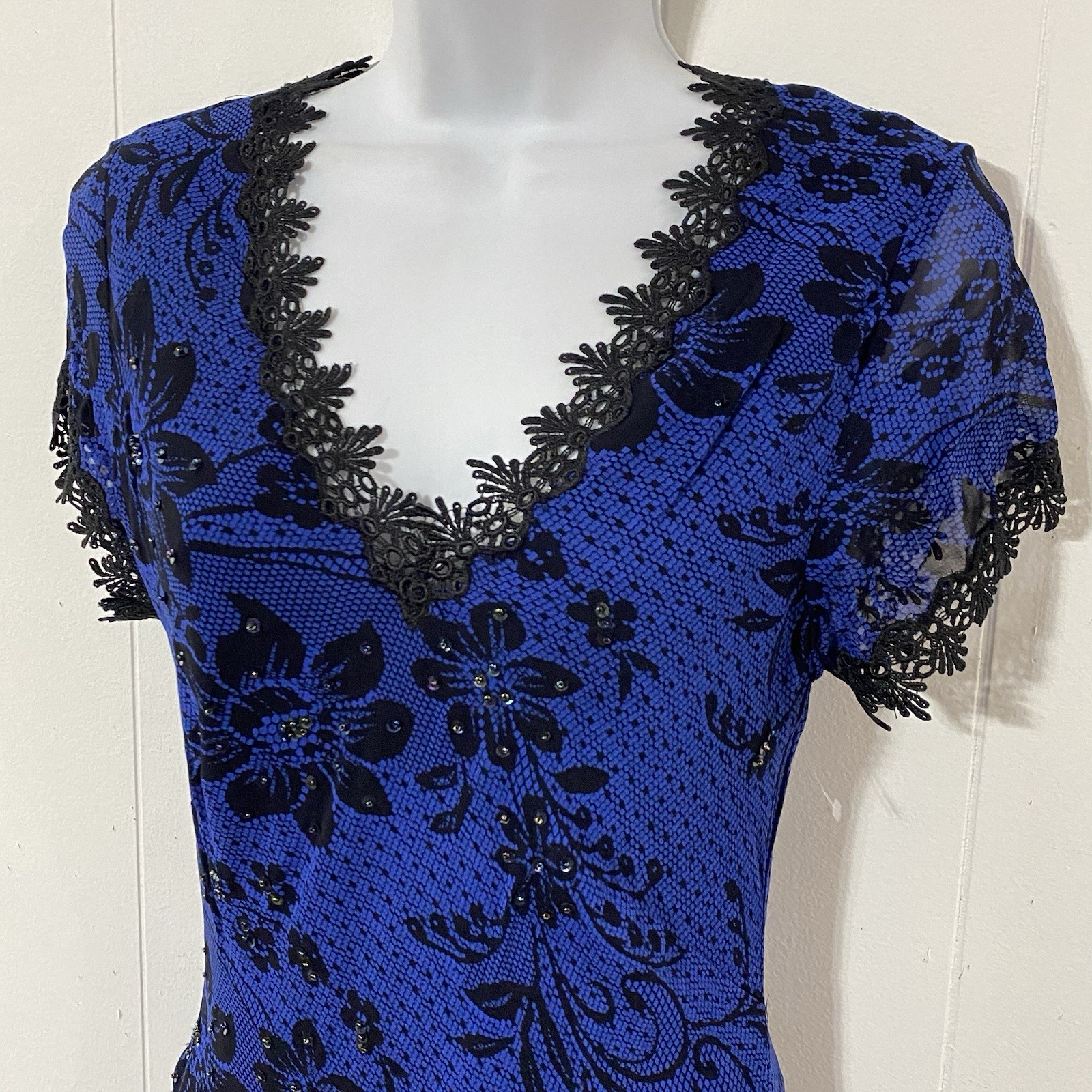 NEW vtg PARADISE NY Black Blue M Floral Bias Beaded Maxi Dress Whimsigoth Fairy