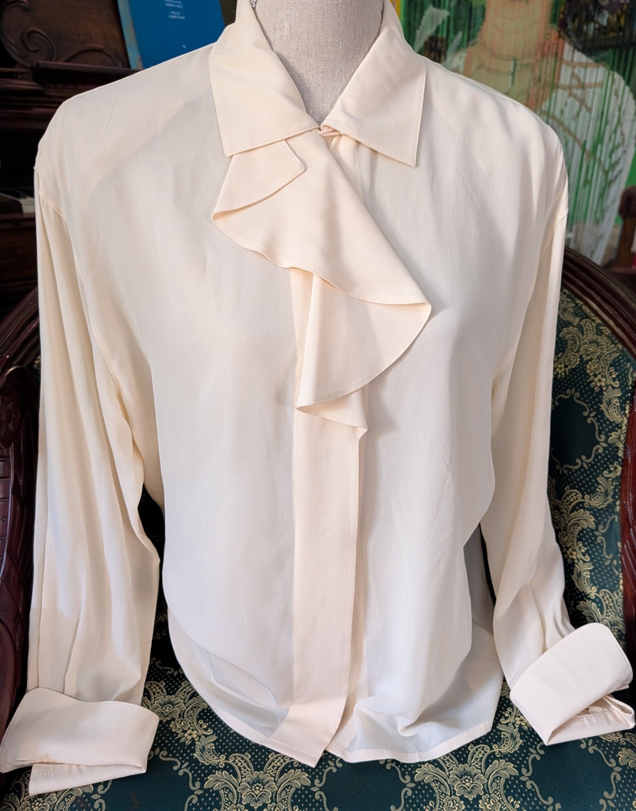 VTG Escada Romantic Blouse Sz 12 US Front Ruffle Cascade Ivory Old Money Chic
