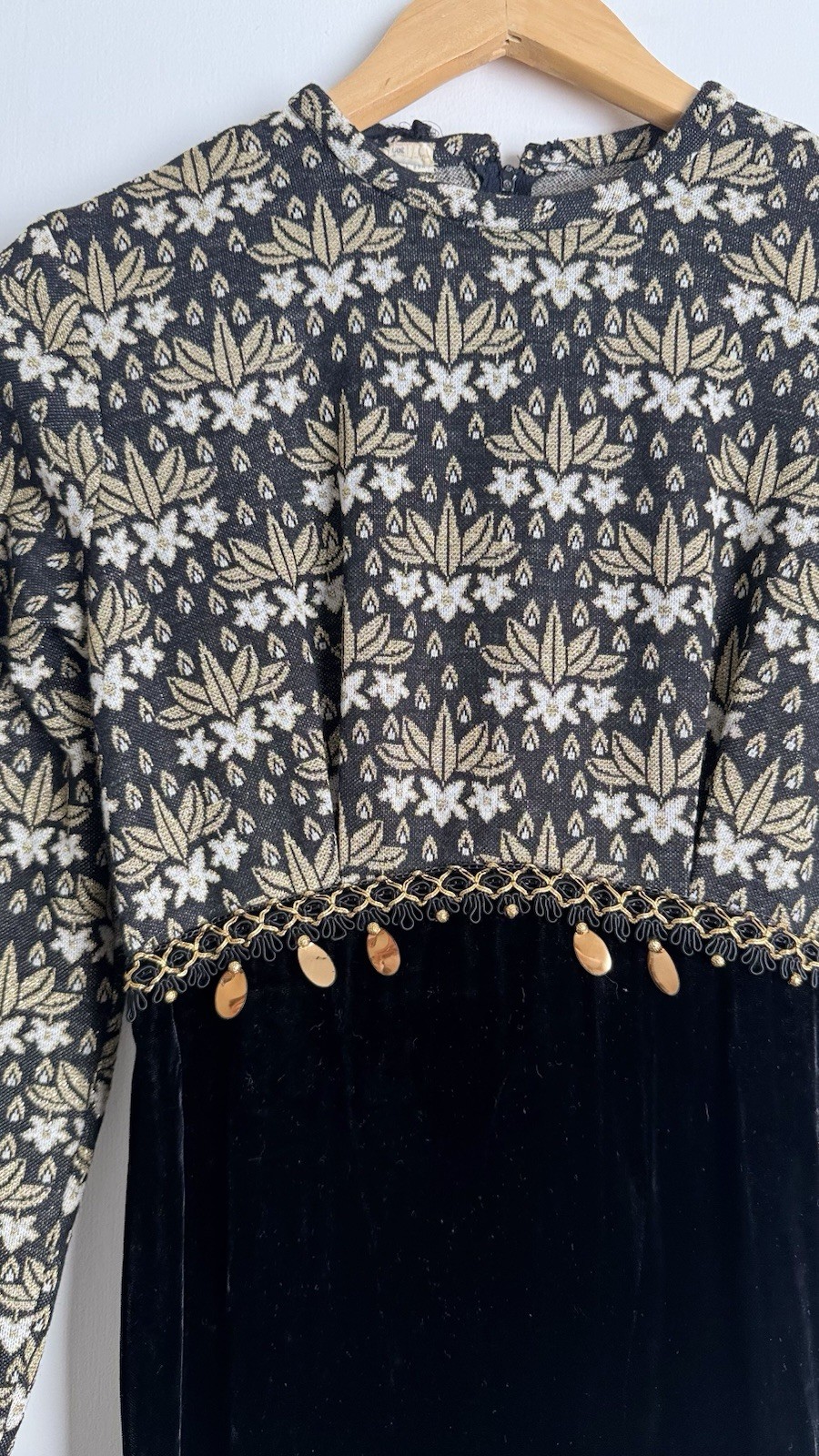 Vintage 60s Gold & Black Baroque Quilt Top & Velvet Skirt Maxi Dress XS 1960s