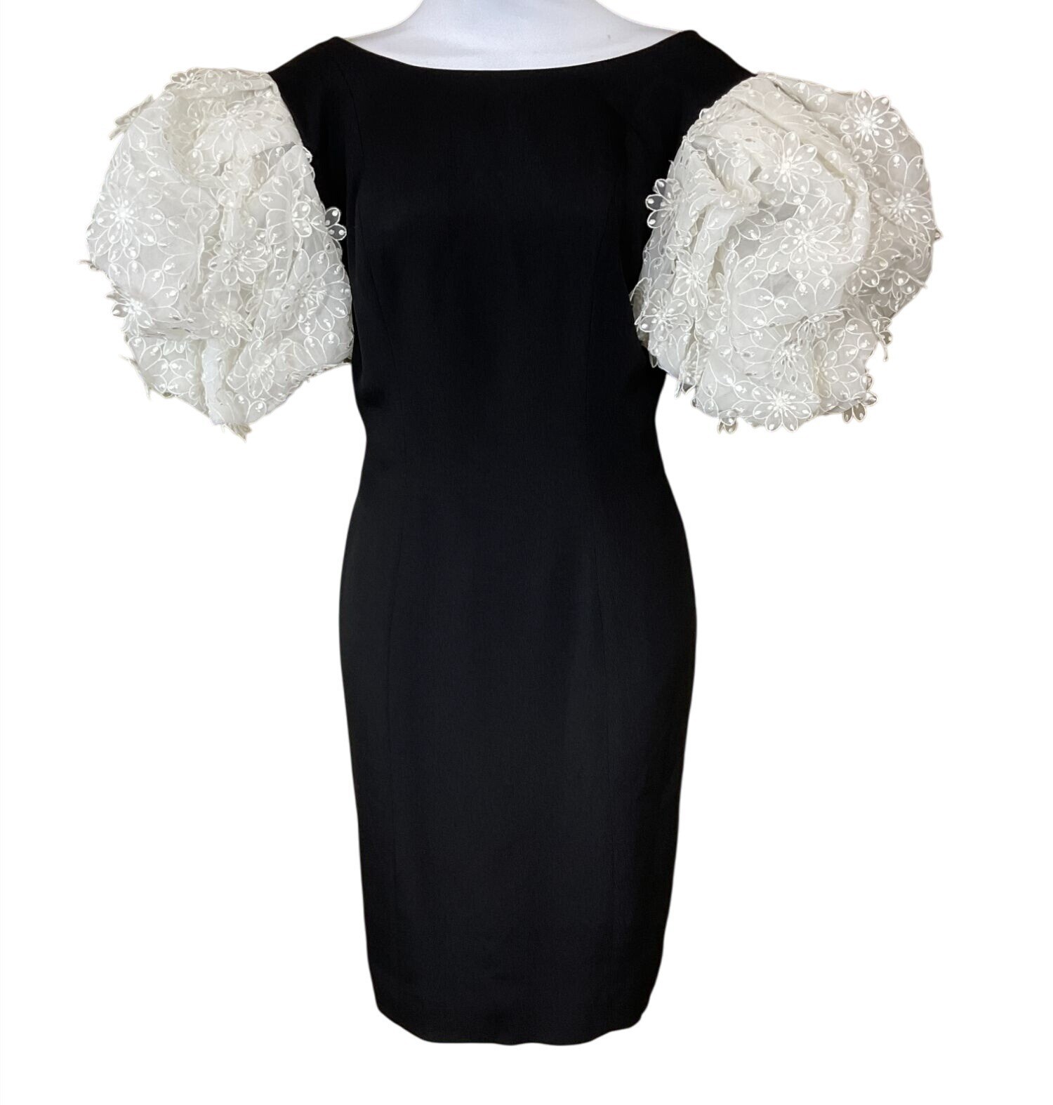Victor Costa VTG 1980s Designer Black Cocktail Dress 3D Petal Puff Sleeves Sz 8