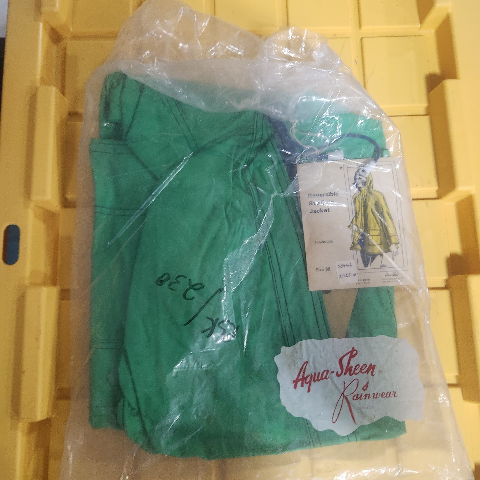 80s Aqua Sheen Green Vinyl Rubber Stadium Raincoat Nos Size Medium Jacket H35