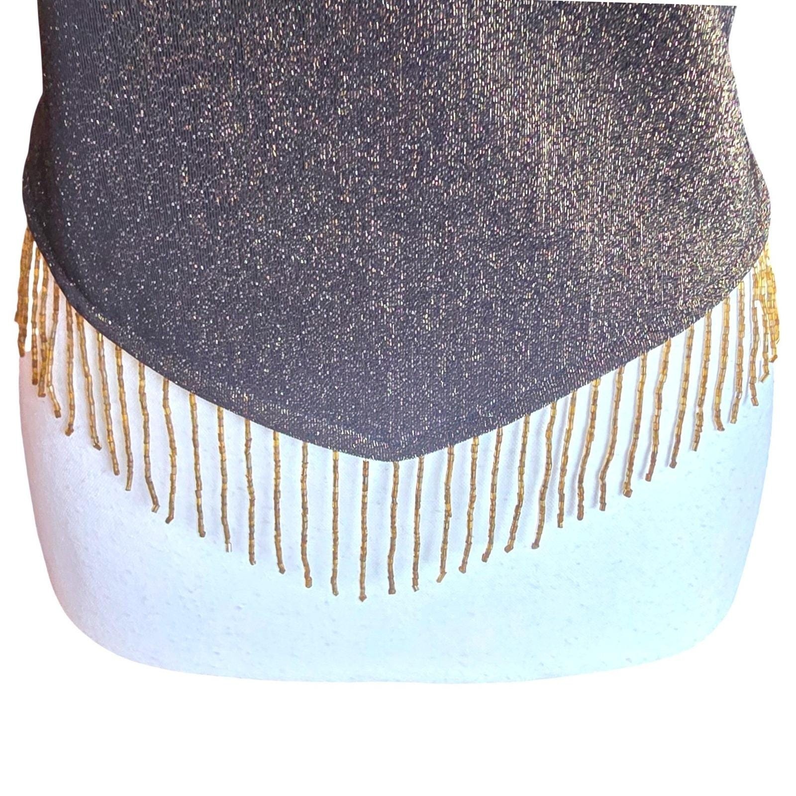VTG 90s Mirrors Black Gold Metallic Cami Top Large Beaded Fringe Handkerchief L