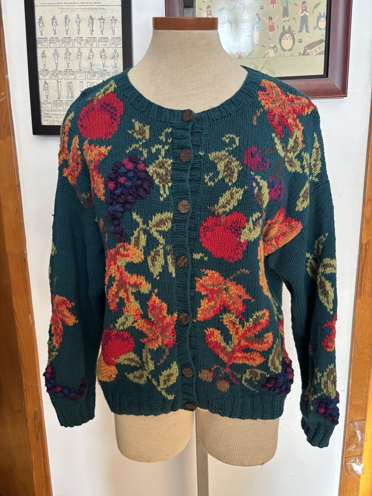 VINTAGE: ROBERT SCOTT Fruit Grapes Cotton/Ramie Cardigan *SZ. PM (TEAL MULTI)
