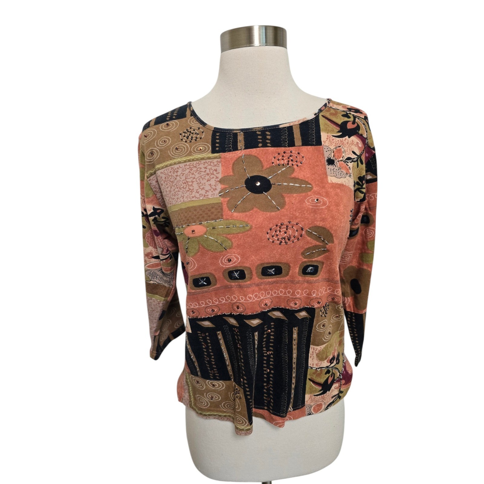 Womens Y2K Vintage 3/4 Sleeve T Shirt Size Small Graphic Print Beaded