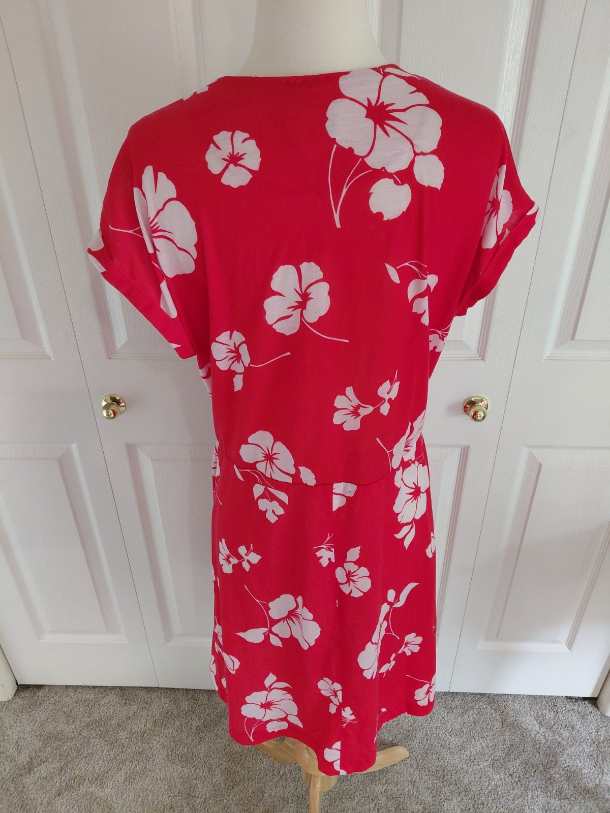 Vintage 1980s Does 1940s Hawaiian Tabby Dress Red White Hibiscus Size Large
