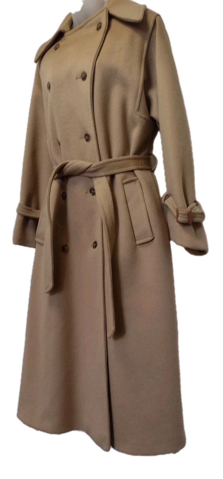 Vintage Stevens Forstmann Wool Long Coat Camel Belted USA ILGWU Quiet Luxury L