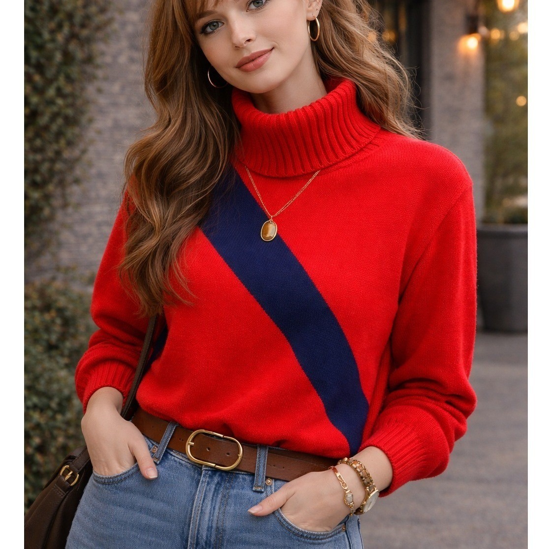 Vintage Sears Red Velour Mock Neck Sweater Navy Blue Sash Stripe Retro Womens