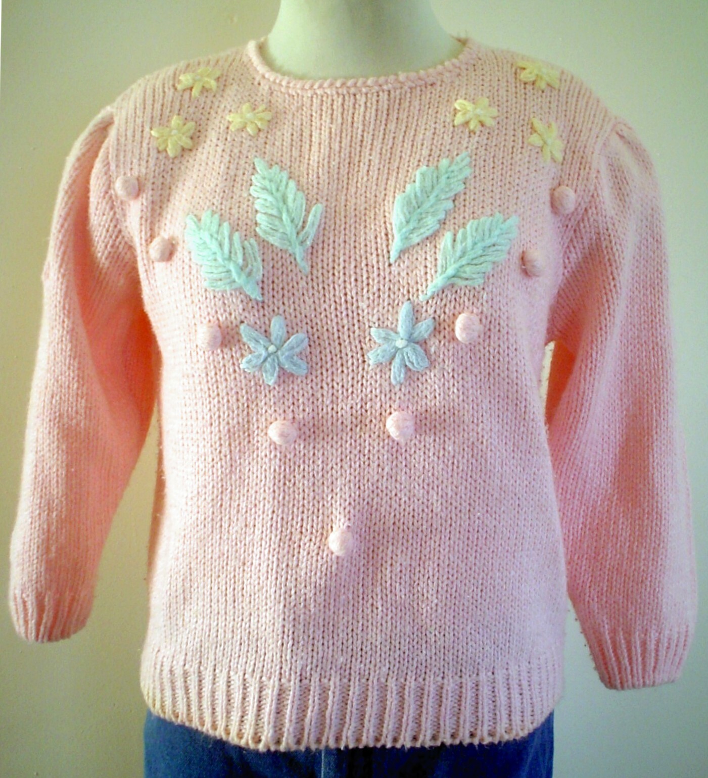 Vtg 80s JJ Fargo Sweater Size L Bust 41 Knitted by Hand Floral Spring Retro Pink