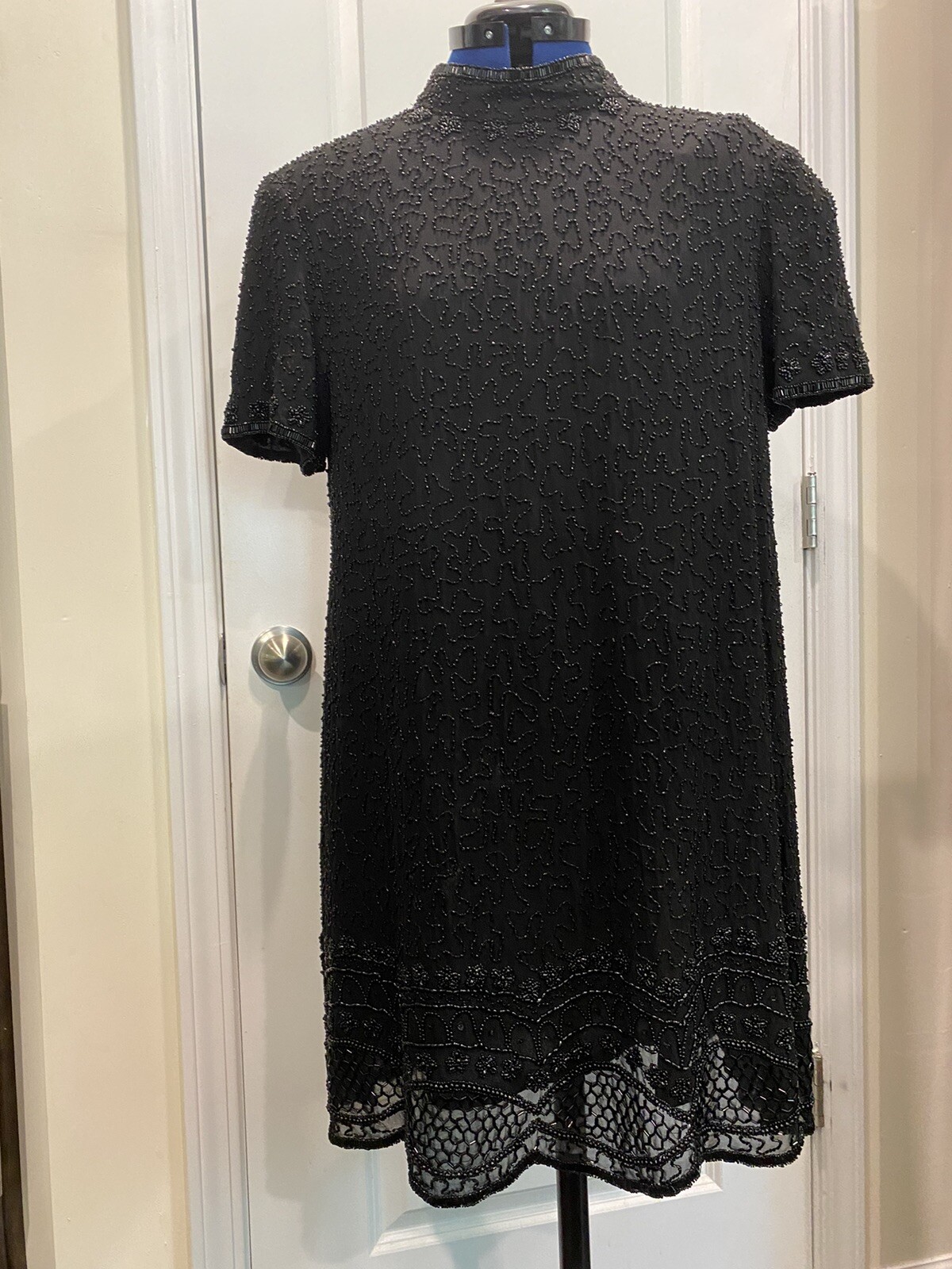 Vintage Jkara New York Black Beaded Knee Length Silk Size X-large Dress