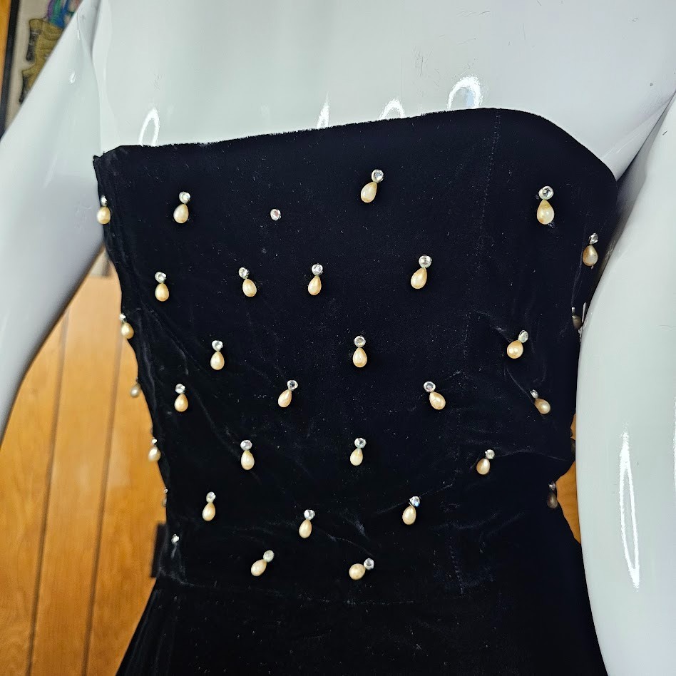 Vtg 40s New Look Pearl Drops Beaded Velvet Evening Formal Party Full Dress XS/S