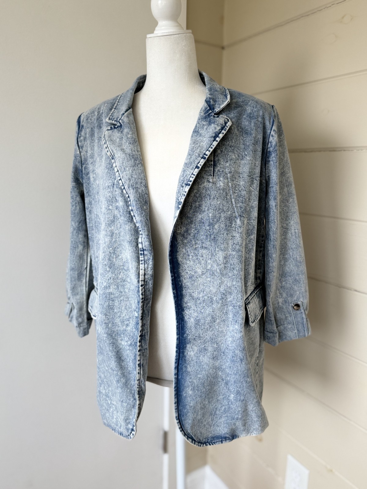 Entro Stretch Lightweight Denim Stonewashed Cotton Blazer Sz S Fitted Retro 80s