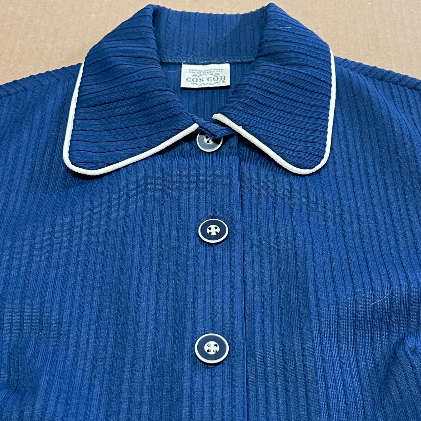 Vintage 1970s Cos Cob Women’s Small Navy Textured Knit Mod Piped Tunic Jacket