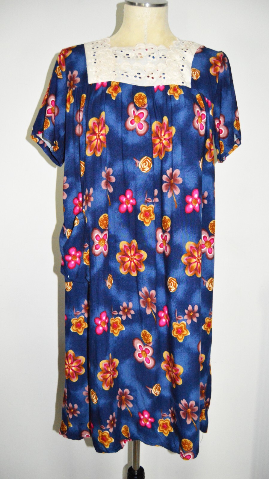 Vintage MAYETTE Blue Muumuu House Dress with Eyelet Accent LARGE