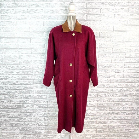 Vintage Jofeld Long Wool Coat Overcoat Burgundy Tan Suede Collar Size Large