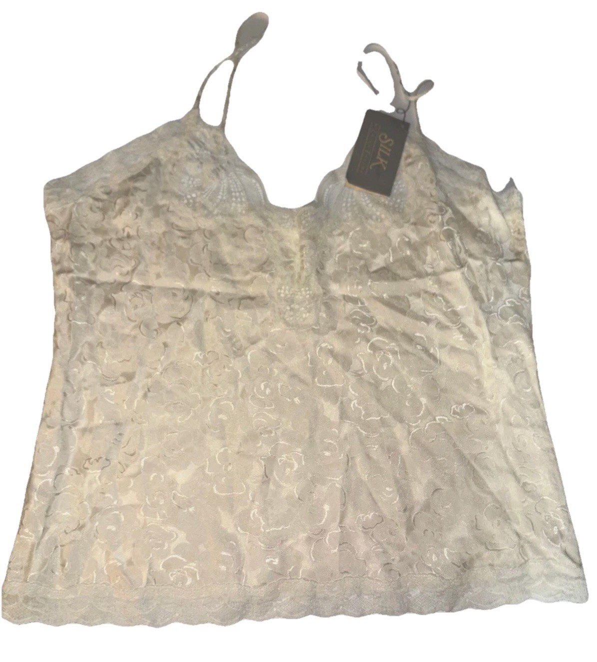NWT SILK Erika Taylor 100% Silk Floral Lace Trim Camisole Top Ivory Sz M Y2K
