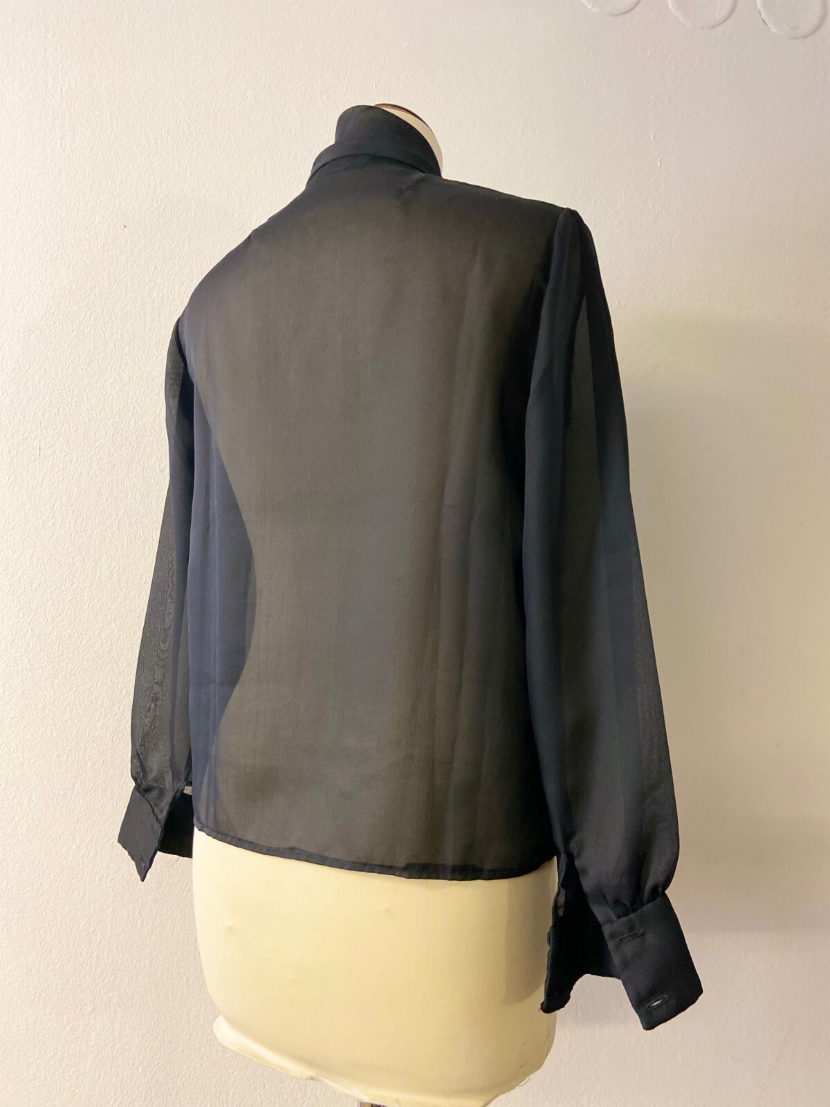 Chic Women’s Vintage Blouse | Sheer Black Bow Tie | bracelet Sleeve | Size M/L