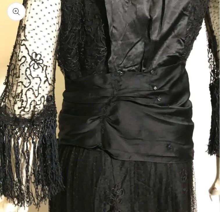 Antique 1910s Fringe and Bead Trimmed Black Silk Dress Vintage