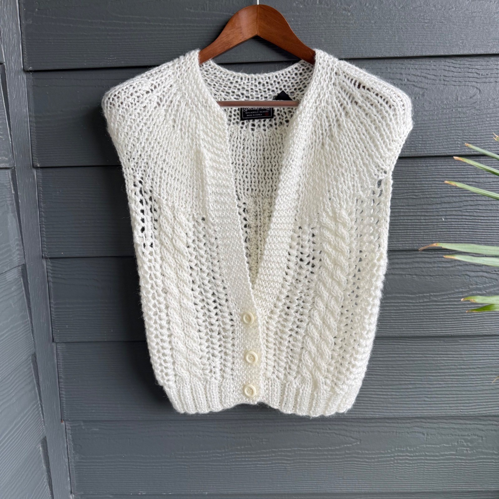 Vintage Specialty House Ivory Acrylic Cable Knit Button Sweater Vest Small