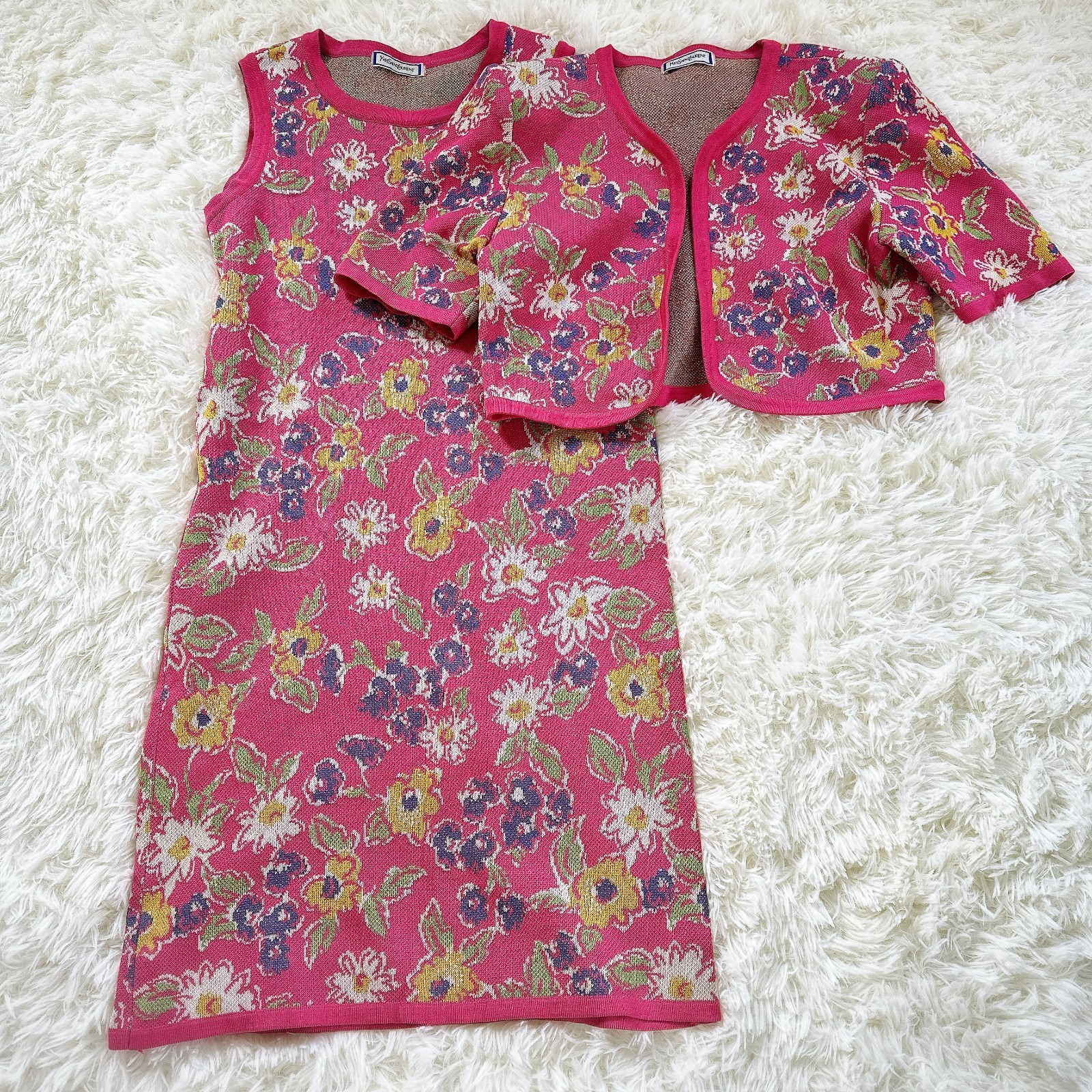 Vintage Yves Saint Laurent Paris Floral Knit Dress Cardigan Set Pink M
