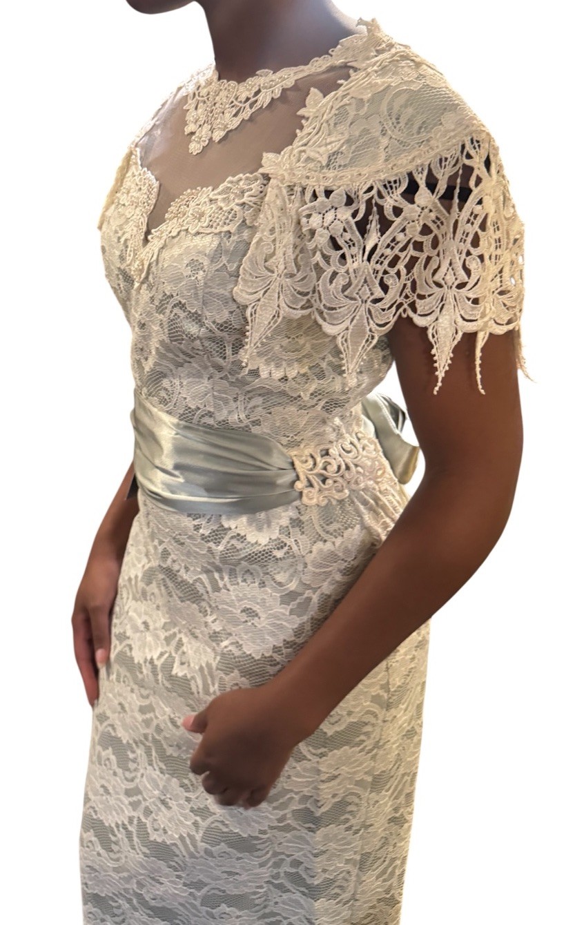 Vintage 80s Lorrie Kabala Lace Dress Victorian M 8 Seafoam Green Cream Lace