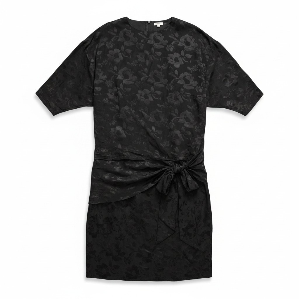 Silk Studio Vintage Black Silk Jacquard Floral Drop Waist Bow Cocktail Dress