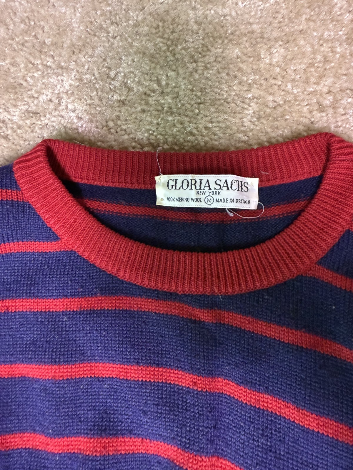 VTG Gloria Sachs Women Sweater Dress Sz Medium Merino Wool Blue Red Striped F138