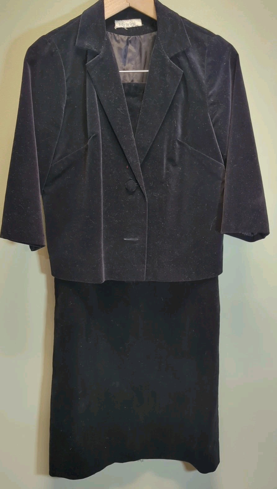 VTG 60s Nelly deGrab Velvet Skirt Suit Lined Midi 3/4 Sleeve 26″ W Party/NYE