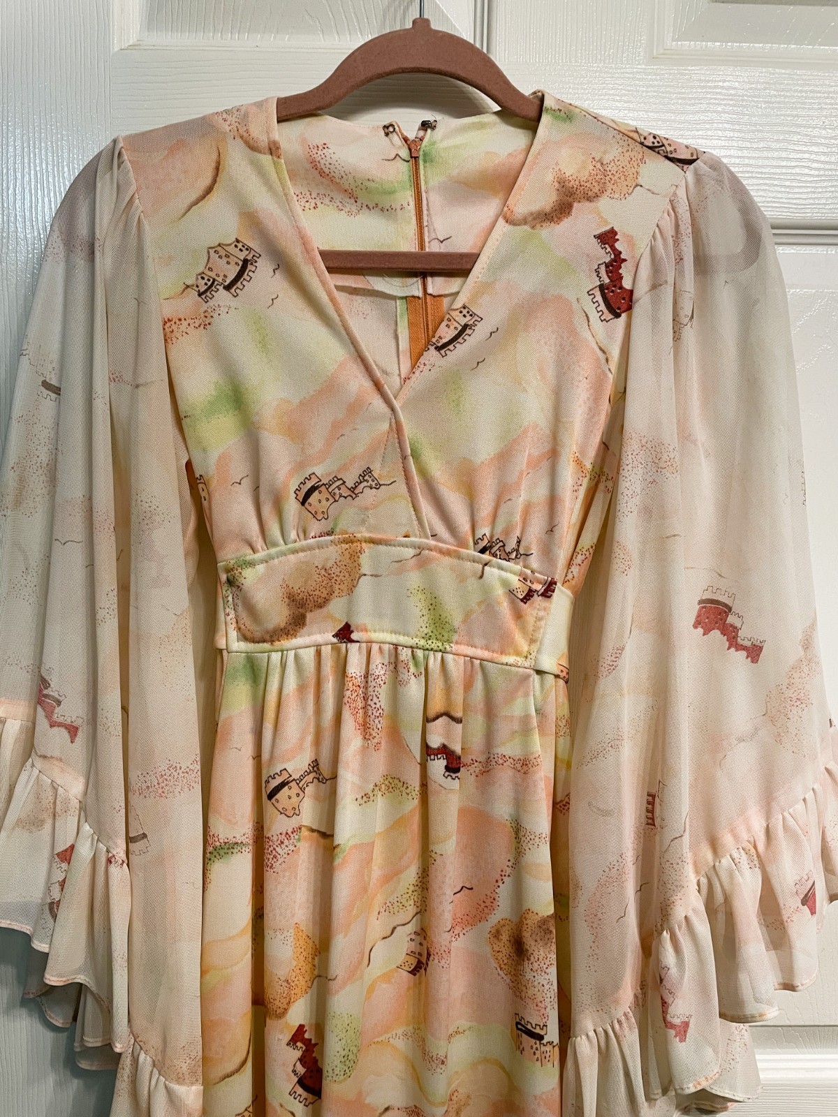 Vtg Sears Fashion 70s Hippie Maxi Dress Flowy Butterfly Wing Sleeve Polyester 12