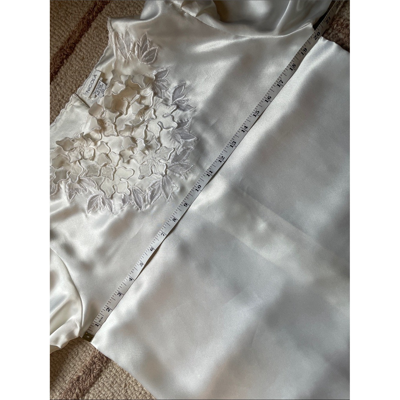 Vintage 80s NICOLA Floral Applique Ivory Cream Satin Blouse Shirt Size 10