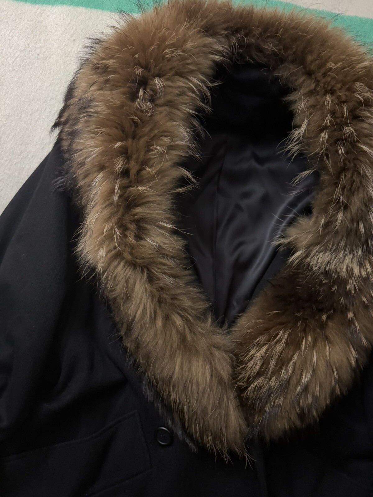 Vintage Gemini Black Full Length Wool Coat Jacket Finncoon Raccoon Fur Collar XL
