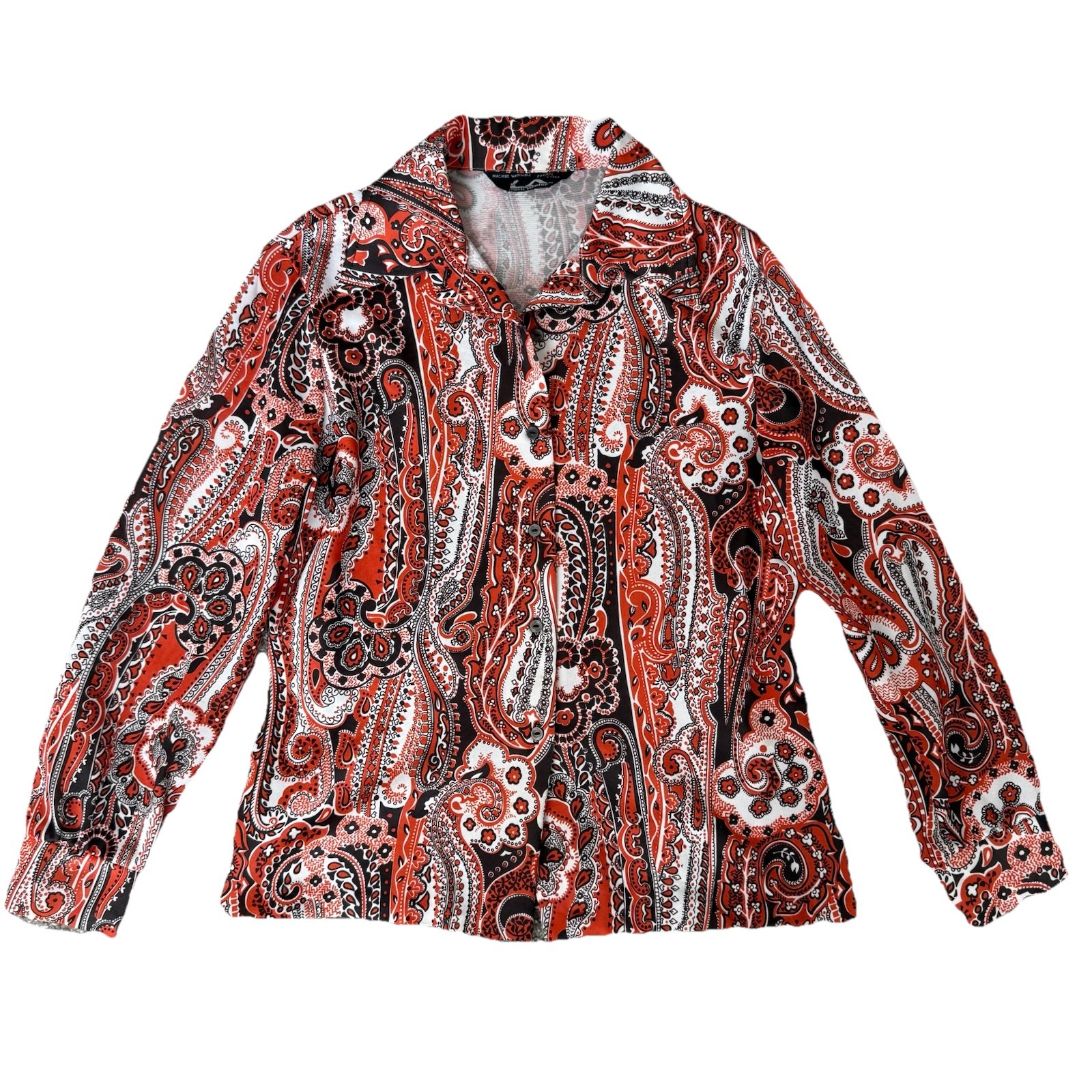 Vintage 70s Paisley Button Up Shirt Womens Large Brown Orange Hipster Disco Boho