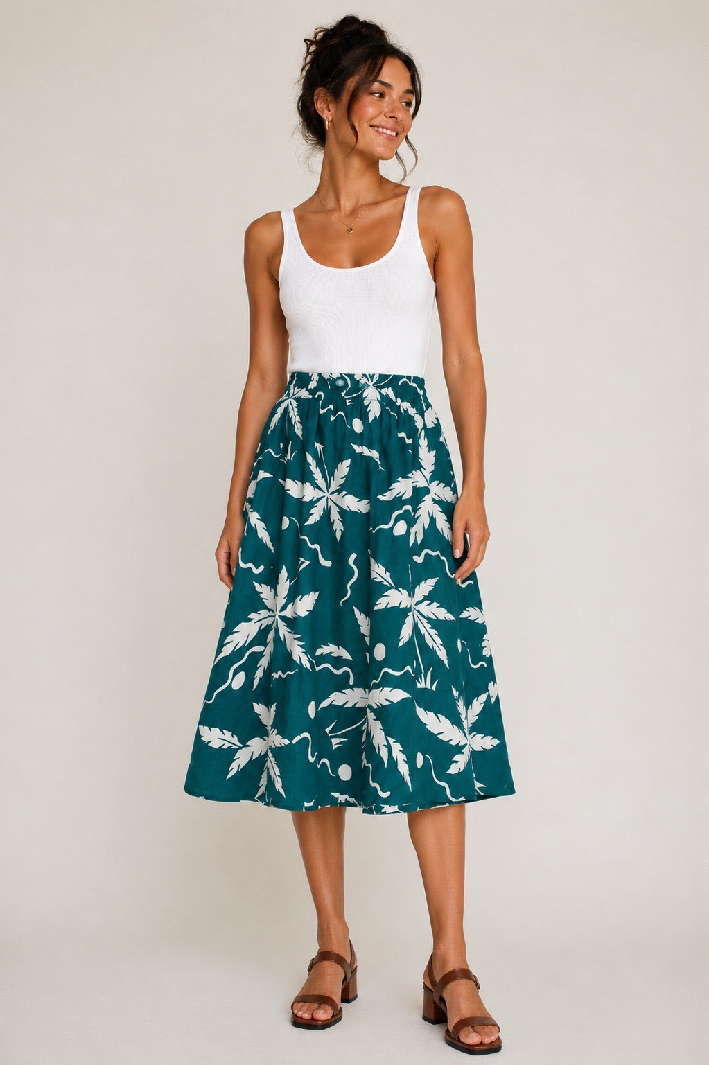 Vintage Michele Leslie California Tropical Palm Tree Skirt Teal White Resort USA