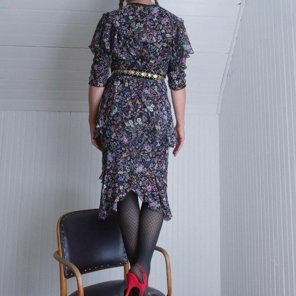 Vintage 80s dark floral silk flutter midi dress