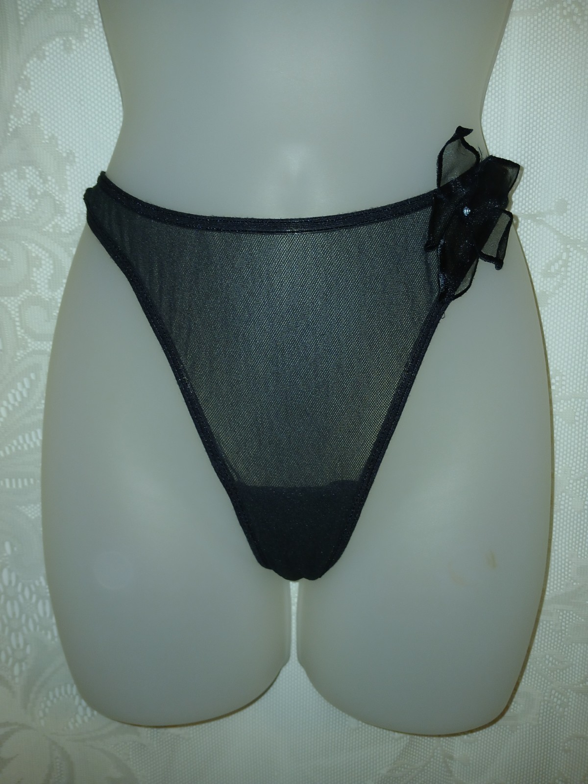 Vintage Secret Treasures Black Sheer Chiffon Flower G-String Thong Panties S