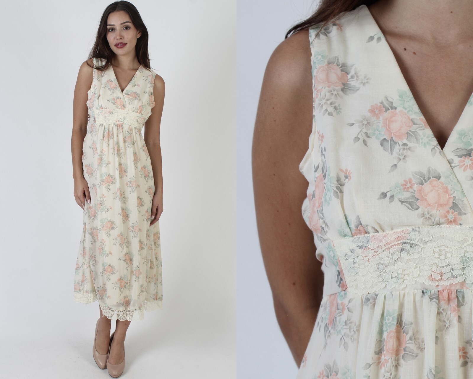 Vtg 70s Romantic Floral Bouquet Boho Hippie Summer Festival Sun Maxi Dress