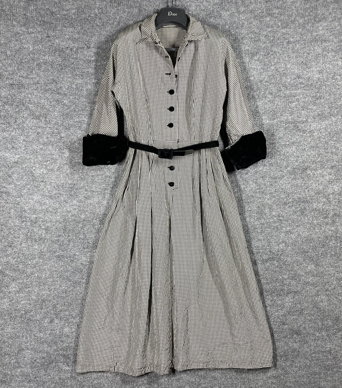 VINTAGE 50s Rockabilly Gingham Plaid Dress Women Small Black Velvet Shirtwaist