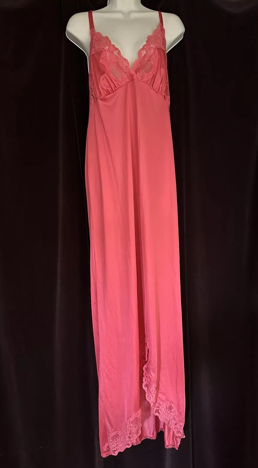 Vtg Jenelle Of California Low Cut Sexy Coral Lace Nightgown Lingerie Large