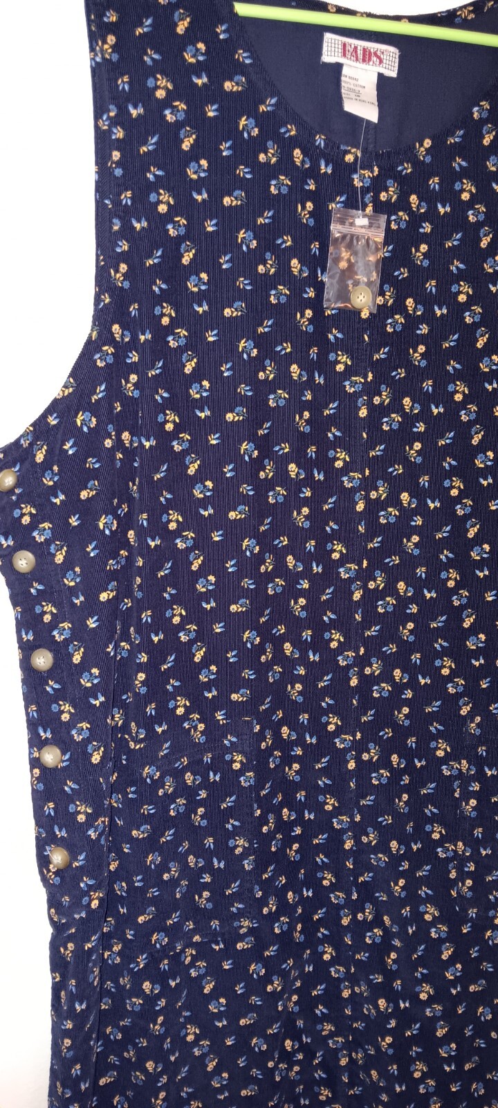 Vintage Fads Corduroy Jumper Dress Blue Floral New Sz 16