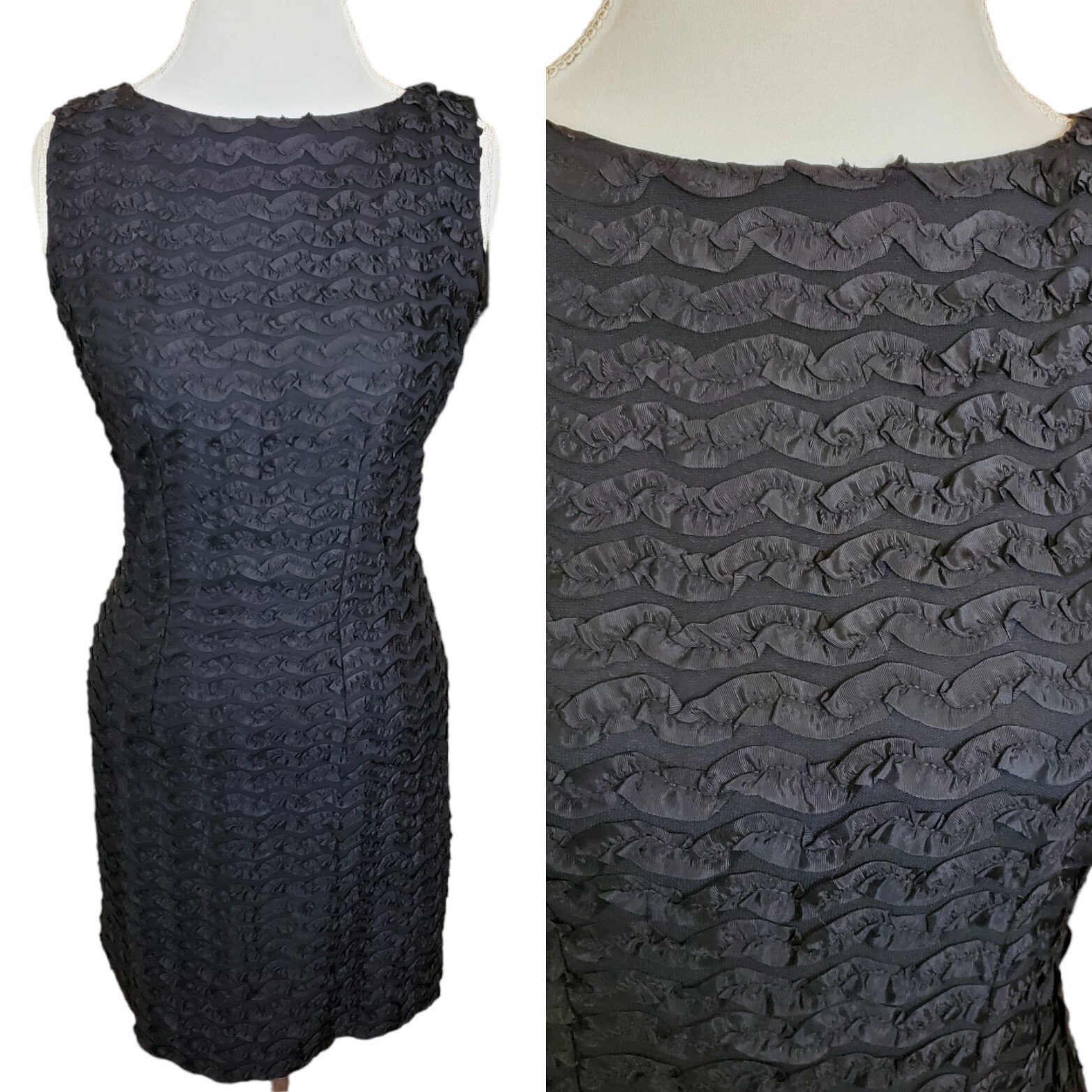 Vintage 60s Mod Black Sleeveless Textured Ruffle Dress Size 6 To 8 Knee Length