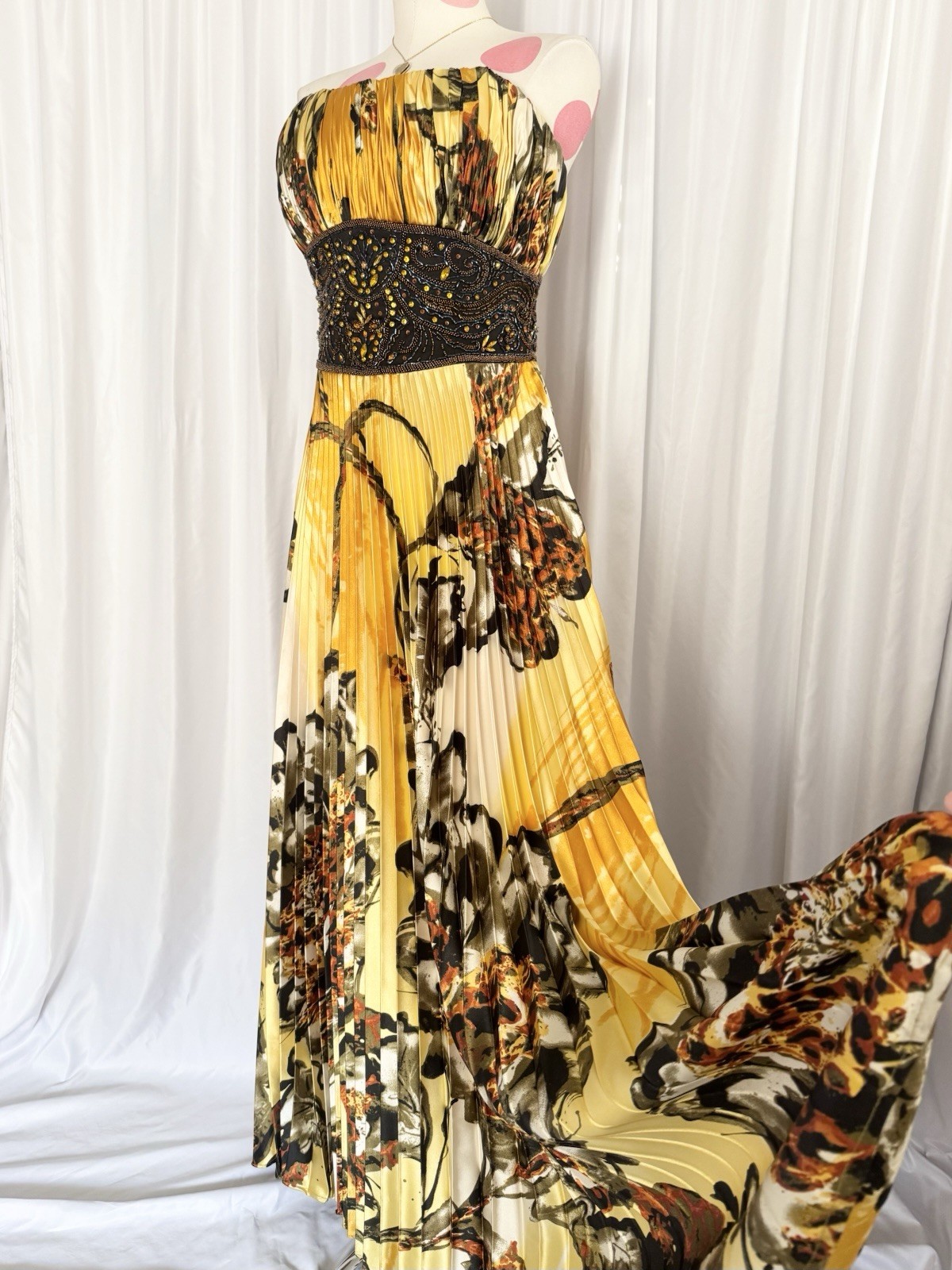 Vintage Yellow Leopard Floral Beaded Sequin Pleated Formal Gown Dress 14 Jovani
