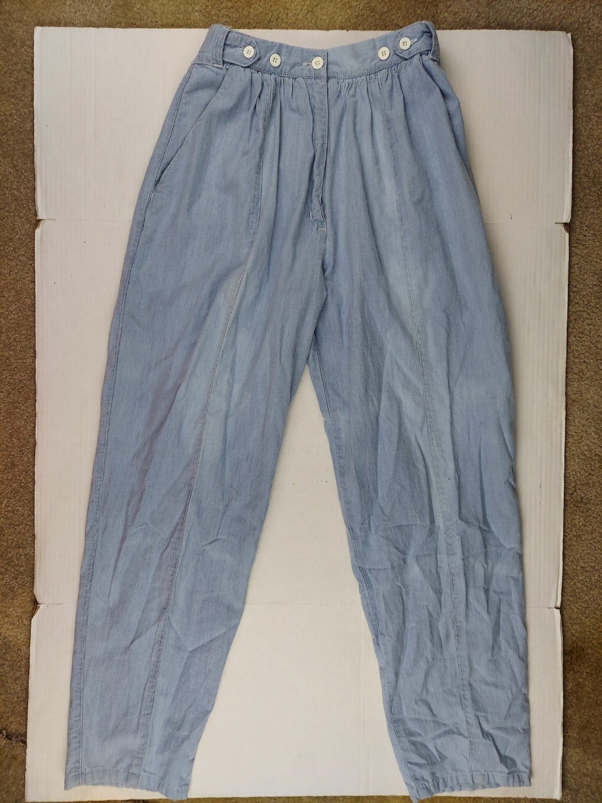 Womens 80s Vintage Tapered Pleated Pants Medium Denim Chambray Lightweight Blue